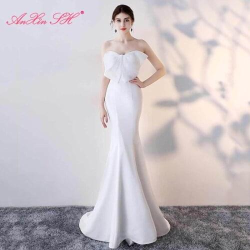 AnXin SH celebrity party white satin mermaid evening dress sexy princess strapless big bow red trumpet black evening dress 1377