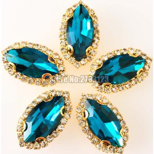 Free shipping Horse eye shape Gold bottom Crystal button,peacock blue Glass Crystal sew on rhinestones diy/Clothing accessories