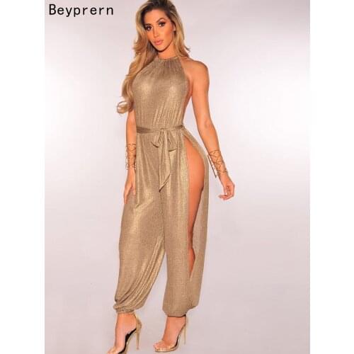 Beyprern Sexy Gold Metallic Slit Leg Harem Jumpsuits Rompers Stylish Halter V Neck Keyhole Bandage Jumpsuits Overalls Clubwear