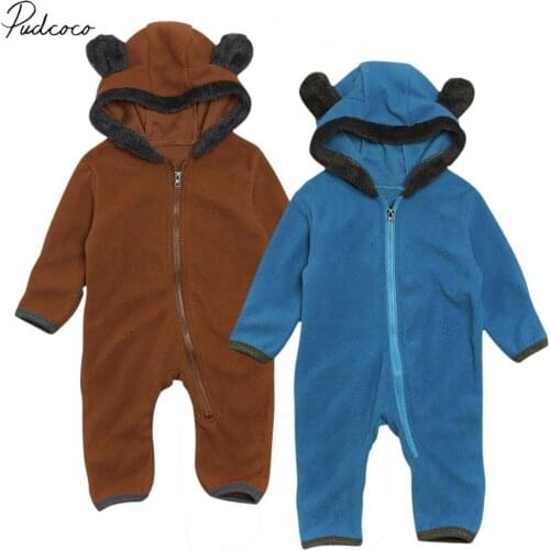 2019 Brand New Newborn Infant Kids Baby Girls Boys Bear 3D Ears Hooded Romper Long Sleeve Zipper Fur Jumpsuits Warm Outfit 0-4Y