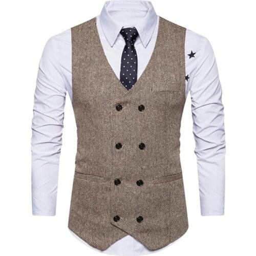 Ele-choices Vintage Men Sleeveless Double-breast Herringbone Twill Waistcoat Business Vest