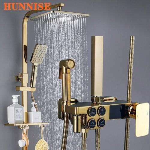 Hot Cold Digital Bathroom Shower Set of 12 Inch ABS Rainfall Shower Head Brass Bathroom Mixer Tap Gold Thermostatic Shower Set