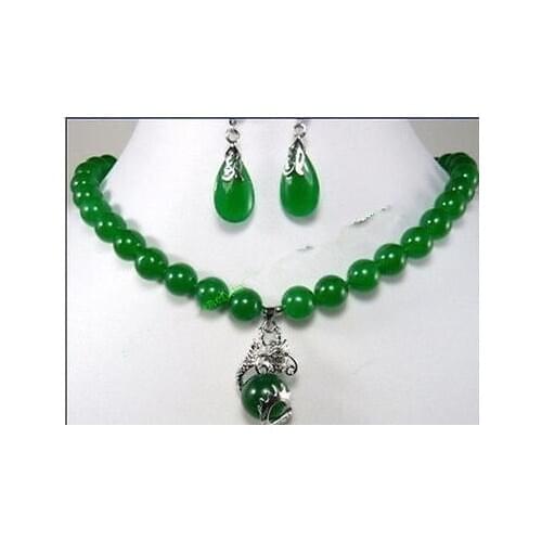 Jewelry beautiful 10mm green jade earring dragon pendant Necklace set