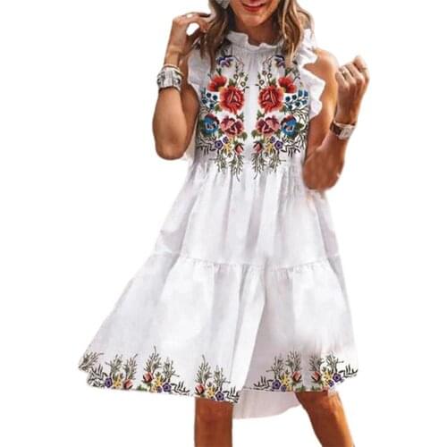 Fashion Women Dress Floral Print Loose Women Sleeveless Ruffle Knee-length Streetwear for Party Womens Clothing 2021