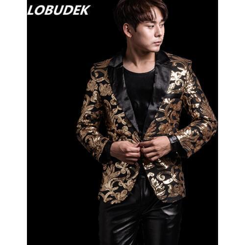 Golden black Sequins male Suit Jackets fashion slim Blazers Punk Rock Mens singer DS Costume prom Party stage performance Coats