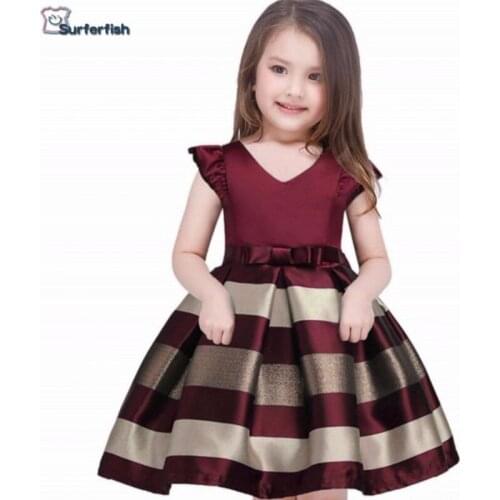 2019 new girl princess dress, European American dress, bigger children V-Neck Stripe Print, evening dress banquet 100-150
