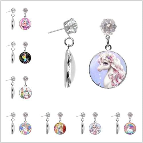 Lucky Unicorn Horse Earrings 20mm Glass Dome Cabochon Charm Silver Plated Crystal Stud Earrings For Women Girls Best Gift