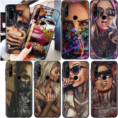 Silicone Black Cover Sexy Sleeve Tattoo Girl For Honor 8S 8C 8X MAX 8A 8 7S 7A 7C Play 3E Prime Pro 2020 2019 Phone Case