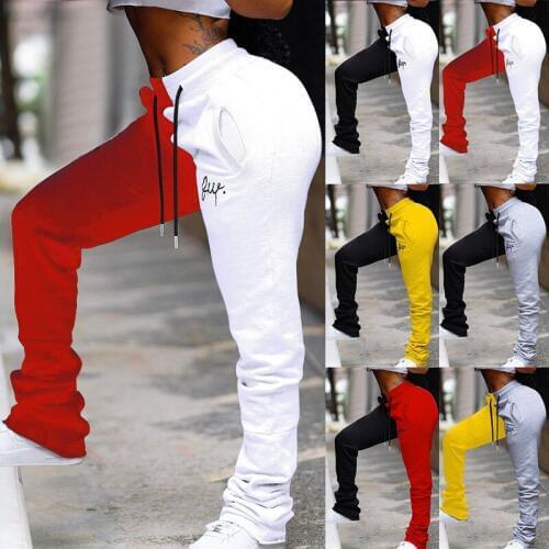 Female Stacked Sweatpants Women Drawstring Streetwear Patchwork Colored Pants High Waist Casual Trousers 2020