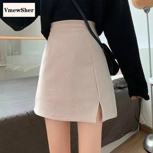 VmewSher New Elegant High Waist Women Skirts Mini Plain Spring Summer Split Hem Short Skirts Solid Female Sexy Fashion Casual