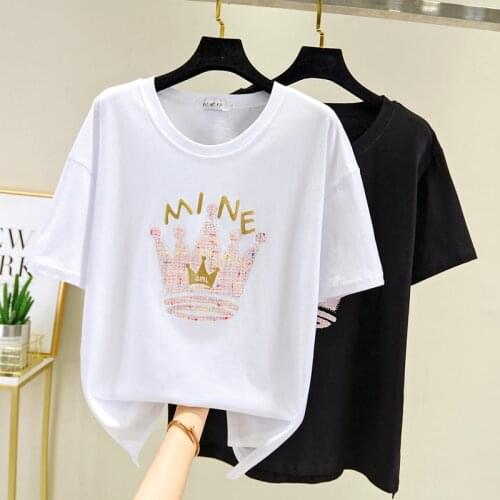 Plus size Letter Print Korea T shirt Women Summer Short Sleeve Appliques TShirt Tops Casual Diamond white Tee Shirt Femme