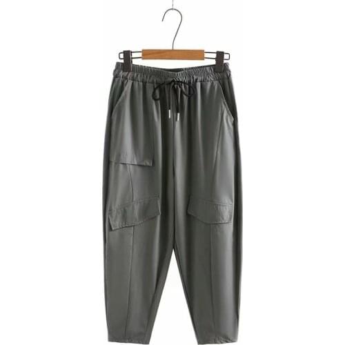 Plus Size XL-4XL Womens Cargo Pants Elastic Waist Grey Black Patchwork Spring Summer Ankle Trousers