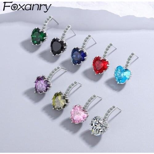 FOXANRY Prevent Allergy 925 Sterling Silver Stud Earrings for Women Trendy Creative Sparkling Zircon LOVE Heart Bride Jewelry
