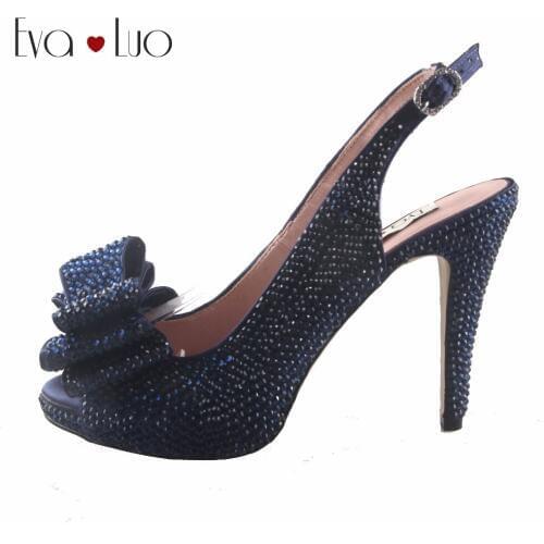 CHS881 Custom Handmade Navy Blue Crystal Bow Slingbacks Dress Pumps High Heels Women Shoes Bridal wedding Shoes
