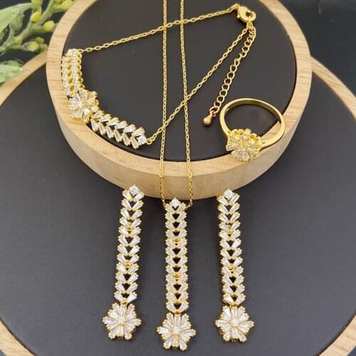 Lanyika Fashion Jewelry Set Exquisite leaf Flower Zircon Pave Necklace with Earrings, Bracelet and Ring for Woman Banquet Gifts