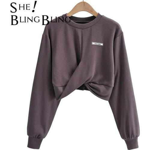 SheBlingBling Za Woman 2021 Casual Crop Tops Autumn Drop Shoulder Patch Cross Ruched Hem Sweatshirts Traf Hoodies Pullovers