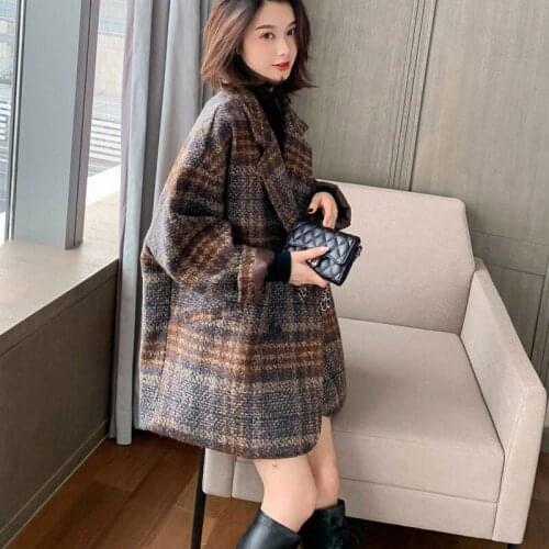 Vintage Blazer Woolen Coat Women Mid-Length 2020 Autumn and Winter Thick Short Style Loose Suit Popular Plaid Jacket Ladies y308