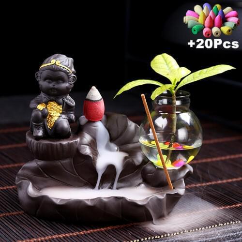 +20 Incense Cones Backflow Incense Burner Monkey King Buddha Incense Censer Kungfu Tea Pet Hydroponic Glass Vase Flower Pot