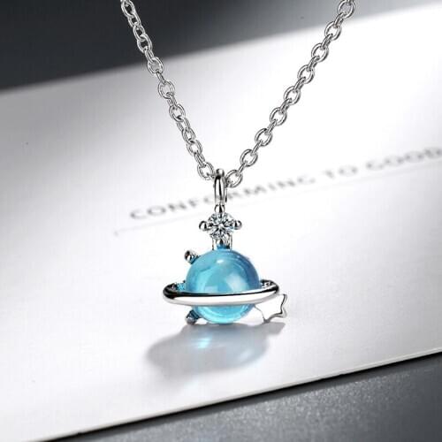 KOFSAC 2020 Trendy Sterling Silver 925 Necklaces For Women Jewelry Cute Crystal Blue Planet Pendant Necklace Female Party Gifts