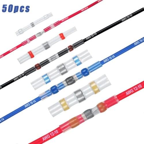 50PCS Solder Seal Electrical Wire Connectors Sleeve Splice Terminals Waterproof Heat Shrink Solder Butt Connectors Kit Insulated
