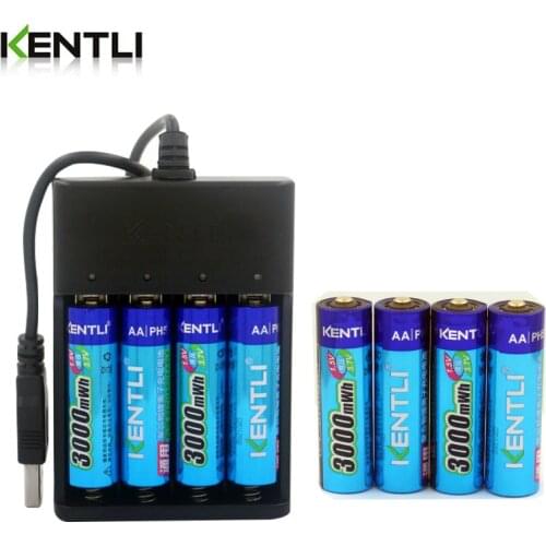 8pcs KENTLI AA 1.5v 3000mWh Li-polymer li-ion polymer lithium rechargeable battery + 4 slots Ports USB smart Charger
