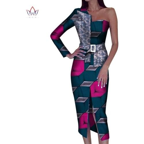 Africa Dresses for Women Bazin Riche 2020 Dashiki Plus Size Africa Style Clothing One Shoulder Slim Pencil Dresses wy5340