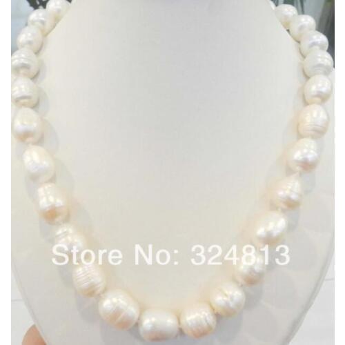 Free shipping BIG RICE SHAPE 12-13MM WHITE REAL NATURAL PEARL NECKLACE 17"