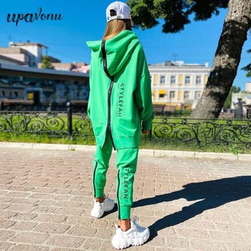 Free Shipping 2021 New Womens Loose Letter Sports Suit Casual Zipper Long Sleeve Hooded Collar Sweater and Pants Two-Piece Set