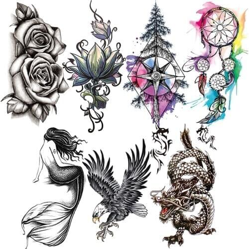 Large Rose Mermaid Temporary Tattoo For Women Men Black Pine Lotus Fake Tattoos Sticker Eagle Dragon Arm Leg Tatoos Dreamcatcher