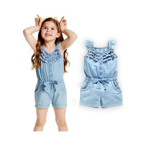 Toddler Kids Girl Cotton Washed Bow Jeans Denim Casual Bow jumpsuit Romper Quoted 1-5Y