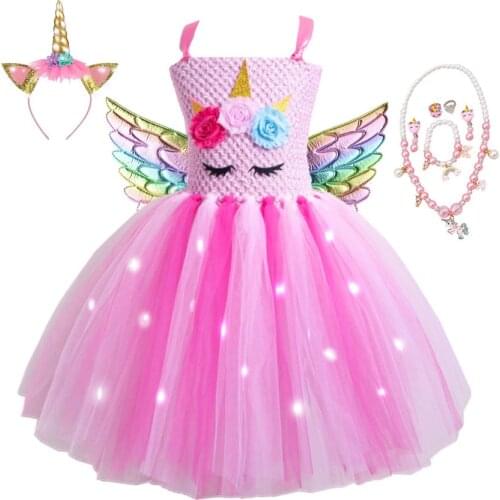 Halloween Girls Glowing Pink Unicorn Tutu Dresses for Kids Cartoon Flower Dress with LED Lights Children Birthday Party Frocks