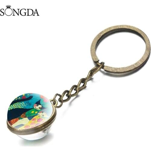 SONGDA Hand-Drawn Cartoon Cats Double Side Glass Keychain Daily Decorations Key Chains For Men Women Bag Jewelr