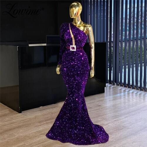 Sequins Purple Evening Dresses Formal Long Party Gowns One Shoulder Mermaid Evening Wear Arabic Dubai Women Prom Dress Vestidos
