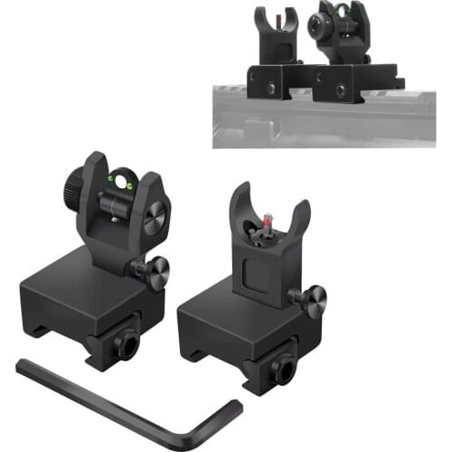 FIRECLUB Tactical Hunting Iron Low Fiber Optics Flip Up Front & Rear Sight Fiber Sights Folding Battle Rail Sights Set