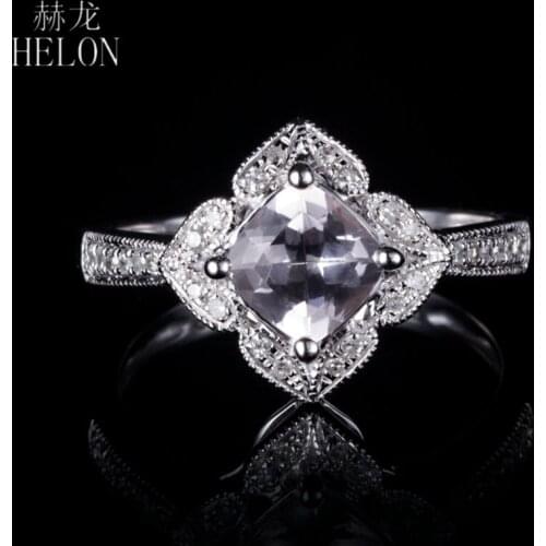 HELON Solid 14K White Gold Flawless Cushion 6mm Genuine Morganite Diamond Engagement Ring Women Fine Jewely Gift Diamond Ring