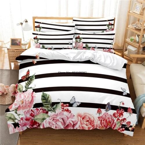Striped Floral Arrangement Bedding Set Duvet Cover Set 3d Bedding Digital Printing Bed Linen Queen Size Bedding Fashion Design