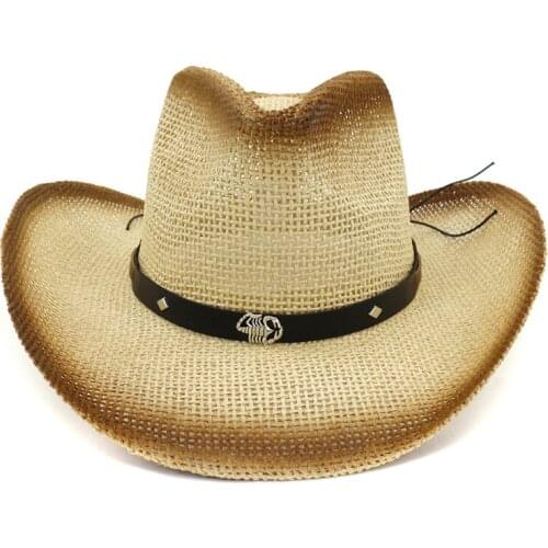Brown Paint Spraying Paper Straw Cowboy Hats Belt Metal Scorpion Decorate Jazz Panama Sun Visor Cap Beach Sunhat for Women Men
