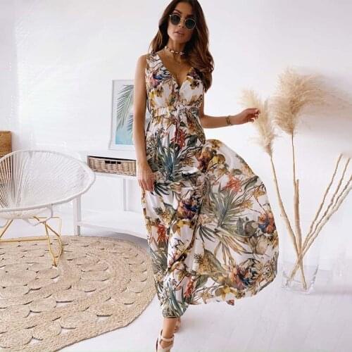 Summer Floral Print Backless Women Dress Casual High Waist Elegant V Neck Sleeveless Streetwear Plus Size Ladies Dresses