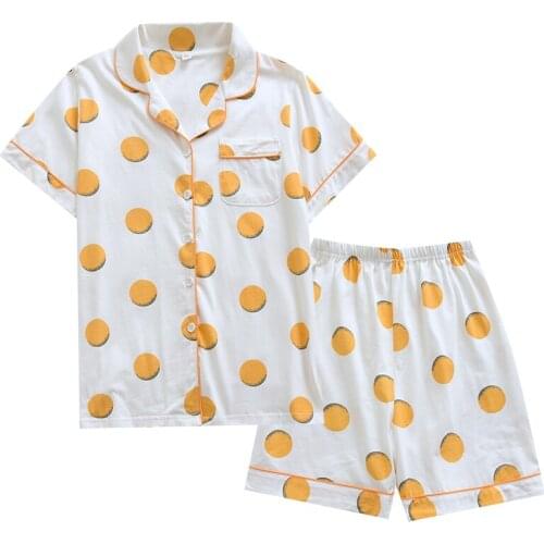 Kawaii Womens Pajamas Summer Short Sleeve Sleepwear Button Down Tops Shorts 2 Piece Pyjama Set Home Suit Cute Cotton Loungewear