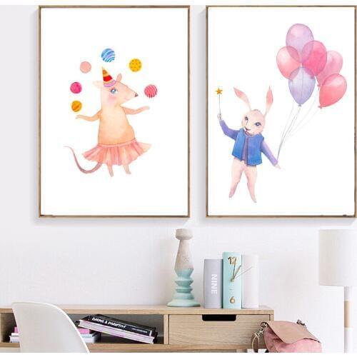 Cartoon Bear Mouse Rabbit Balloon Animals Wall Art Canvas Painting Nordic Posters And Prints Wall Pictures Kids Room Home Decor