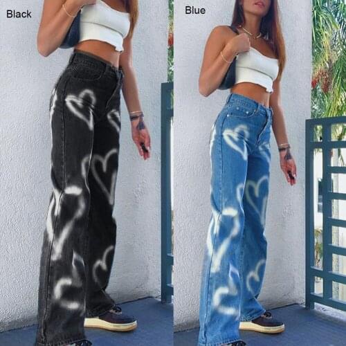 Casual Vintage Heart Printed Baggy Jeans Women High Waist Harajuku Aesthetic Straight Slim Jeans Girl Denim Streetwear Trousers