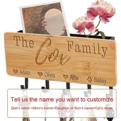 Personalized Engraved Name Bamboo Wooden Key Racks Sundries Hangers Wall-Hanging Storage Household Saving Space Organizer Box
