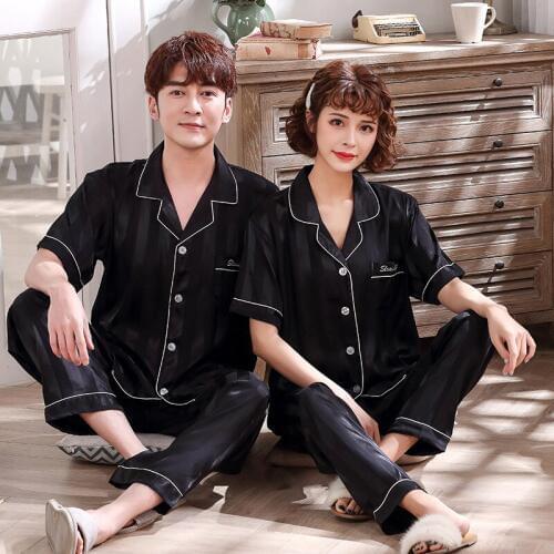 New Men And Women Pajama Set Satin Silk Pyjamas Women Home Sleepwear suit Long Sleeves Cardigan Satin Couples Pajamas Set Pijama