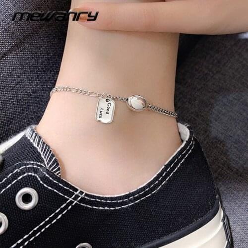 MEWANRY 925 Sterling Silver Anklet Fashion Hip Hop Punk Vintage Creative Good Luck Glossy Round Bead Thai Silver Party Jewelry