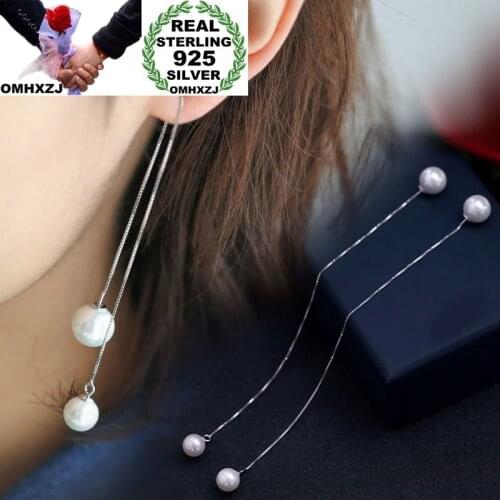 OMHXZJ Wholesale Personality Fashion OL Woman Girl Wedding Two Pearls White 30% Sterling Silver Earrings Ear Line YE276
