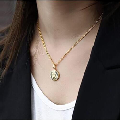 Initial Necklace For Women Round Coin Gold Plated Name Alphabet Necklace Pendant Jewelry Friendship Charm Figaro Chain Choker