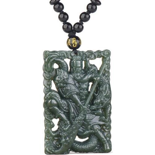 Natural Dark Green Nephrite Pendant Guan YU Duke Guan Wealth God Pendant Necklace Men Women Jade Jewelry Free Rope