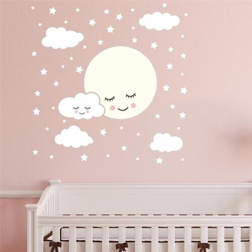 Full Moon With Clouds Stars Wall Decal Kids Nursery Rooms Removable For Baby Childrens Room Wall Decor Vinyl ph520