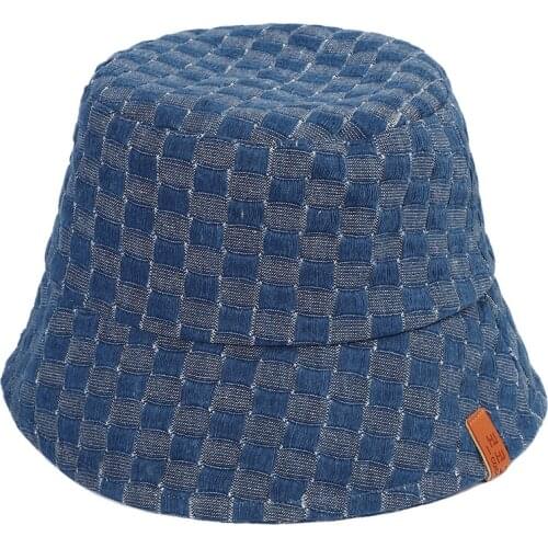 Summer New Cowboy Panama Fisherman Hat Letter Leather Label Checkered Retro Sunscreen Casual Fashion Basin Hat Women Bucket Hat