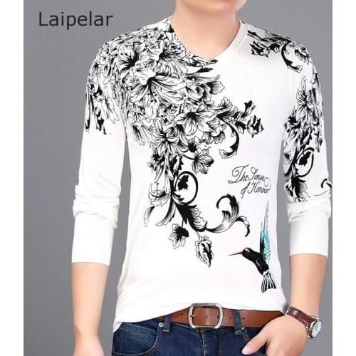 Spring And Autumn Mens Bottoming Sweater Thin Print V-neck Sweater Mens Pullover Sweater Ink Chinese Style